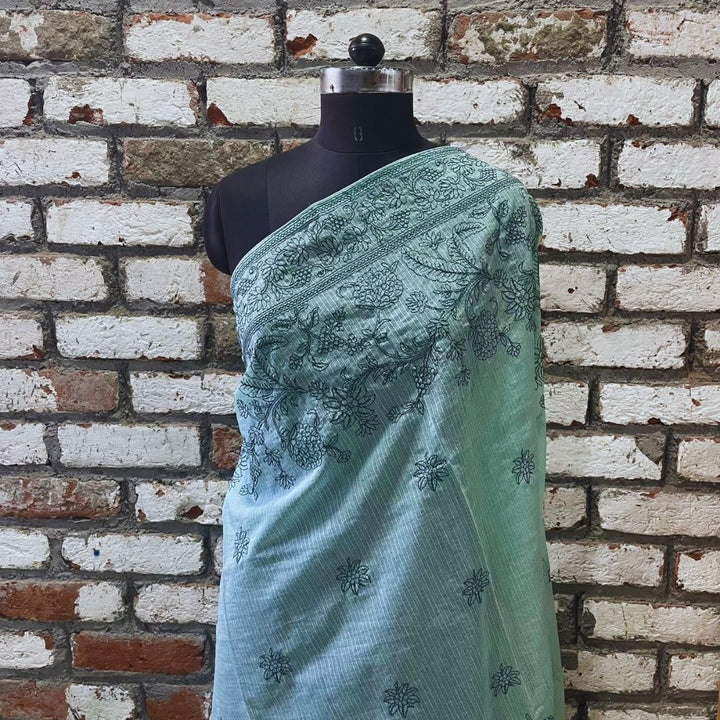 anokherang Dupattas Mint Green Floral Chikankari Kota Dupatta