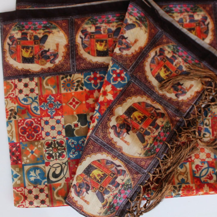 anokherang Dupattas Multi-coloured Elephant Printed Silk Dupatta