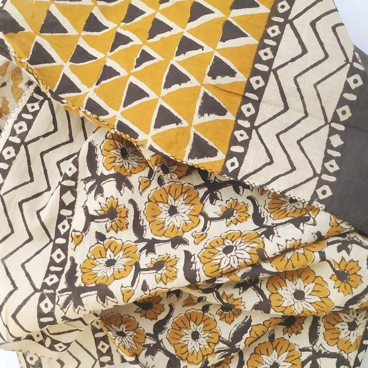 anokherang Dupattas Mustard Black Floral Kalamkari HandCrafted Stole
