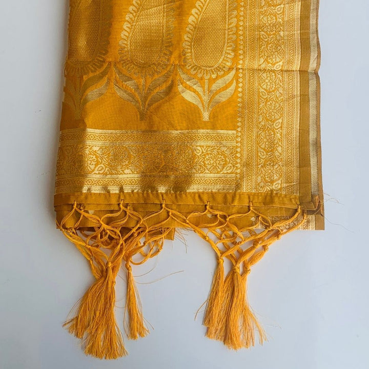 anokherang Dupattas Mustard Floral Printed Banarasi Silk Dupatta