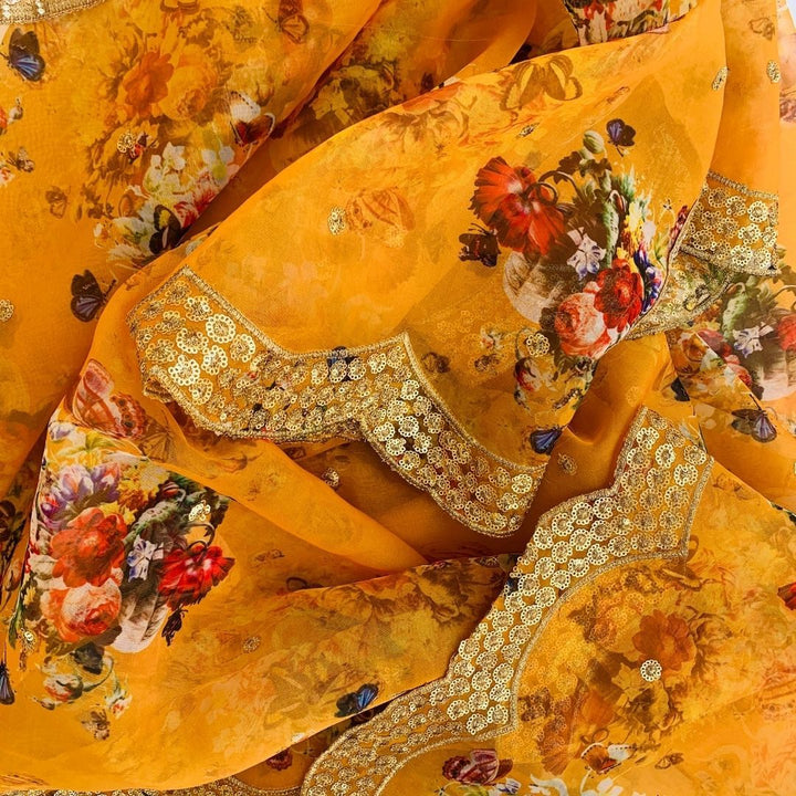 anokherang Dupattas Mustard Floral Printed Embroidered Organza Dupatta