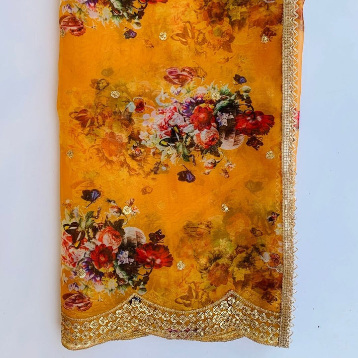 anokherang Dupattas Mustard Floral Printed Embroidered Organza Dupatta
