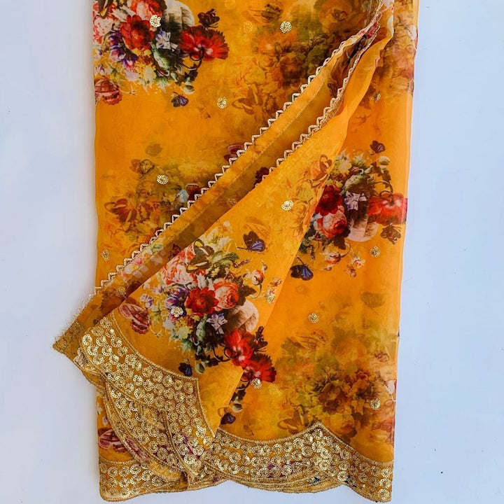anokherang Dupattas Mustard Floral Printed Embroidered Organza Dupatta