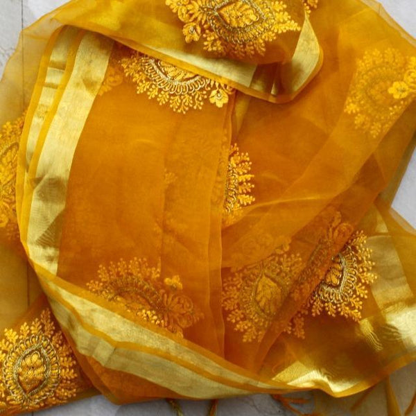 anokherang Dupattas Mustard Yellow Gold Embroidered Organza Dupatta