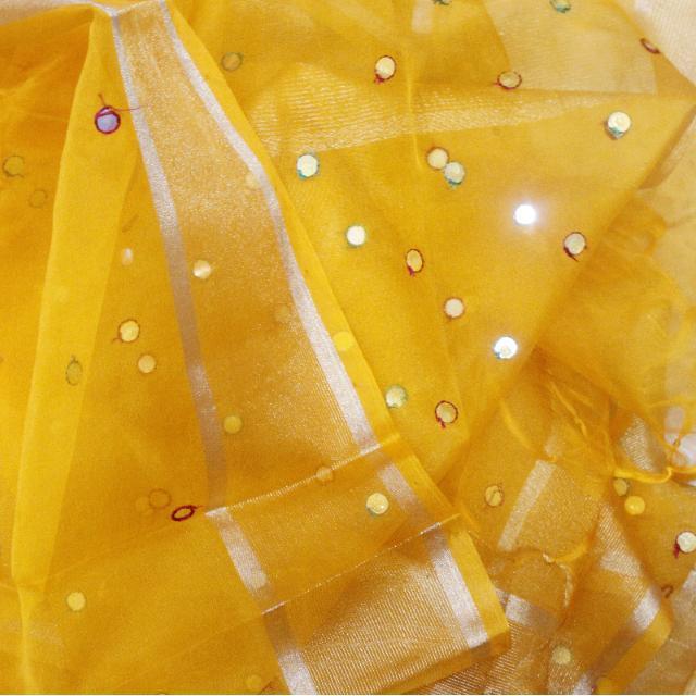 anokherang Dupattas Mustard Yellow Mirror Work Organza Dupatta