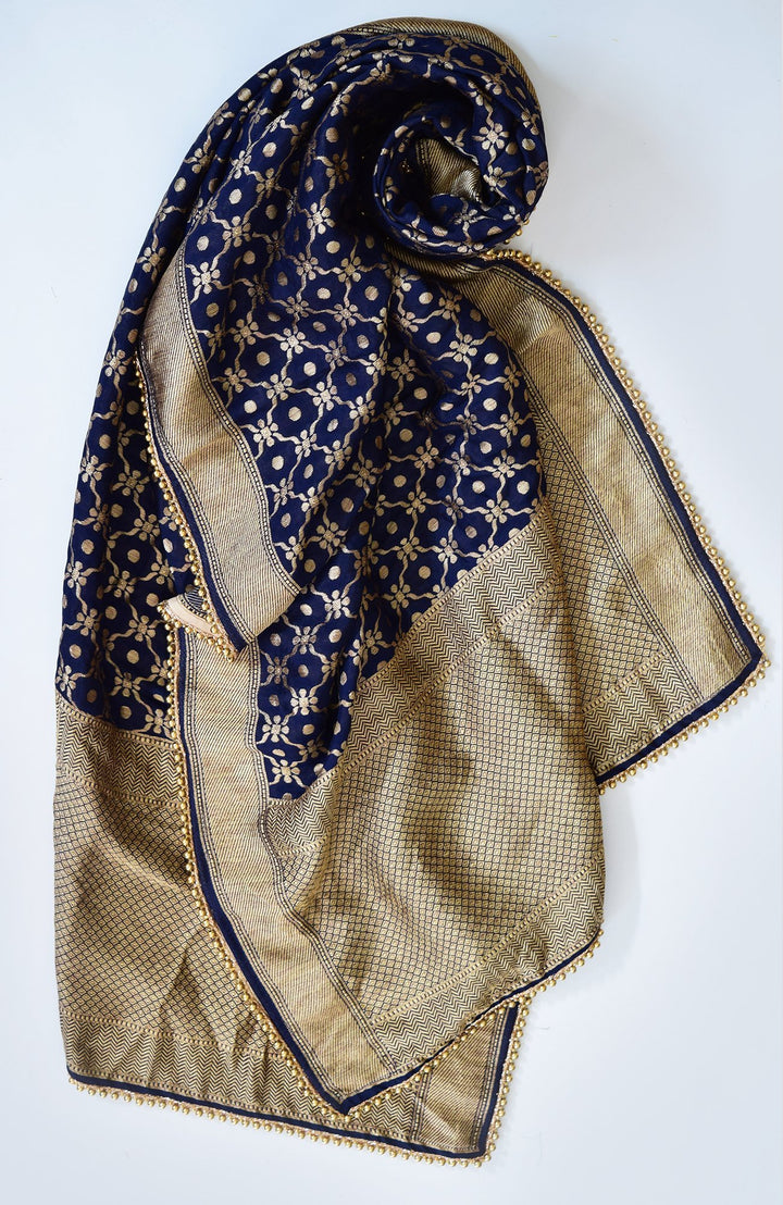 anokherang Dupattas Navy Blue Banarsi Embroidered Georgette Stole