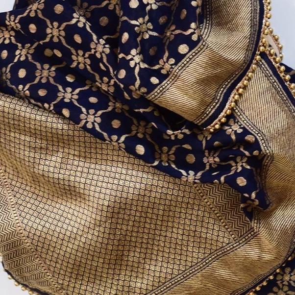 anokherang Dupattas Navy Blue Banarsi Embroidered Georgette Stole