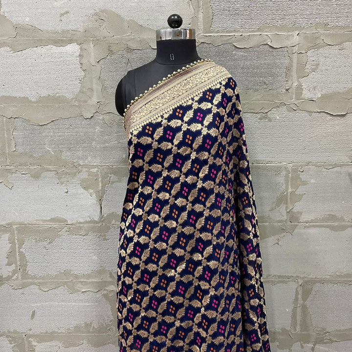 anokherang Dupattas Navy Blue Bandhej Georgette Banarsi Dupatta