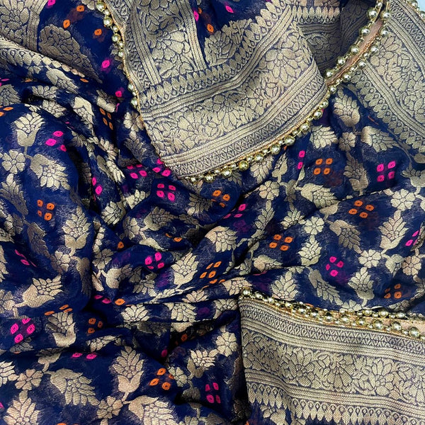 anokherang Dupattas Navy Blue Bandhej Georgette Banarsi Dupatta