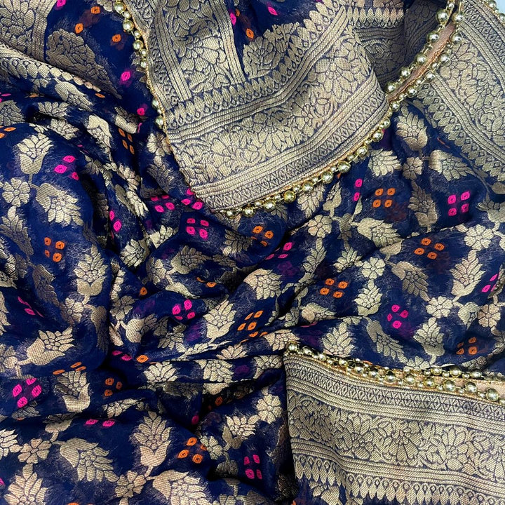 anokherang Dupattas Navy Blue Bandhej Georgette Banarsi Dupatta