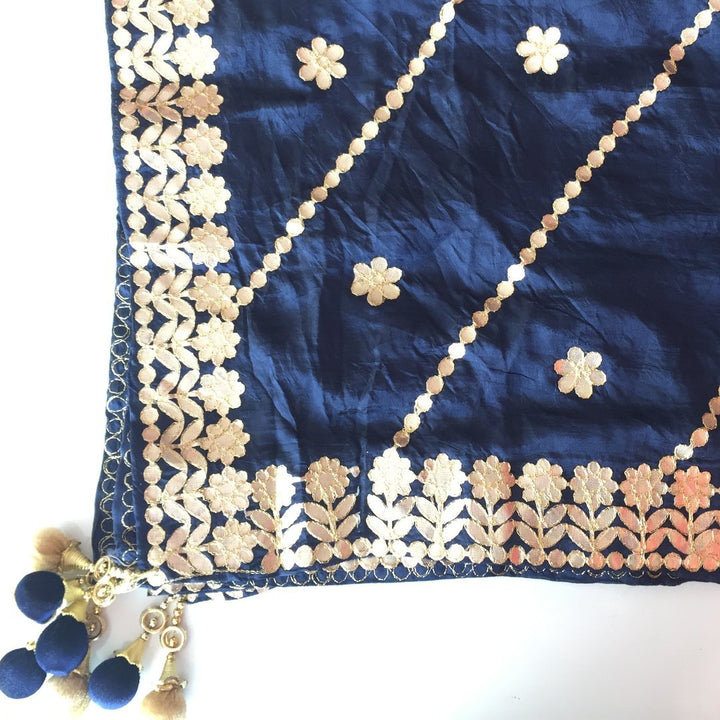 anokherang Dupattas Navy Blue Gotta Floral Embroidered Silk Dupatta