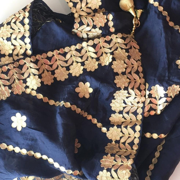 anokherang Dupattas Navy Blue Gotta Floral Embroidered Silk Dupatta