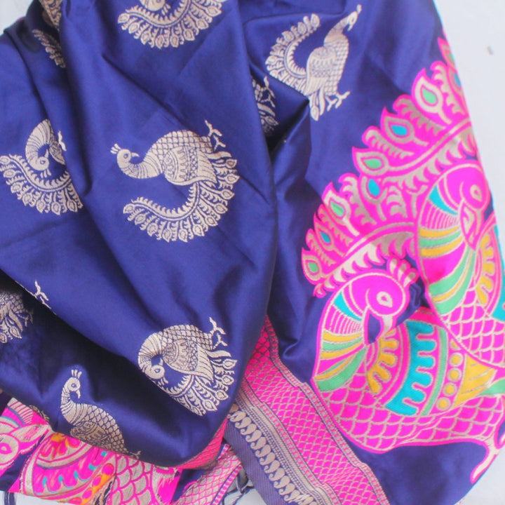 anokherang Dupattas Navy Blue Peacock Banarsi Stole