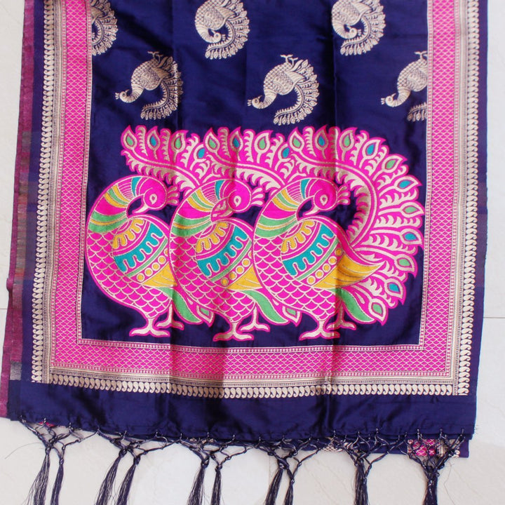 anokherang Dupattas Navy Blue Peacock Banarsi Stole