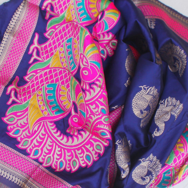 anokherang Dupattas Navy Blue Peacock Banarsi Stole