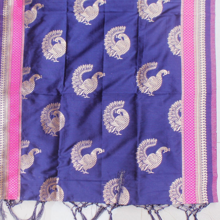 anokherang Dupattas Navy Blue Peacock Banarsi Stole