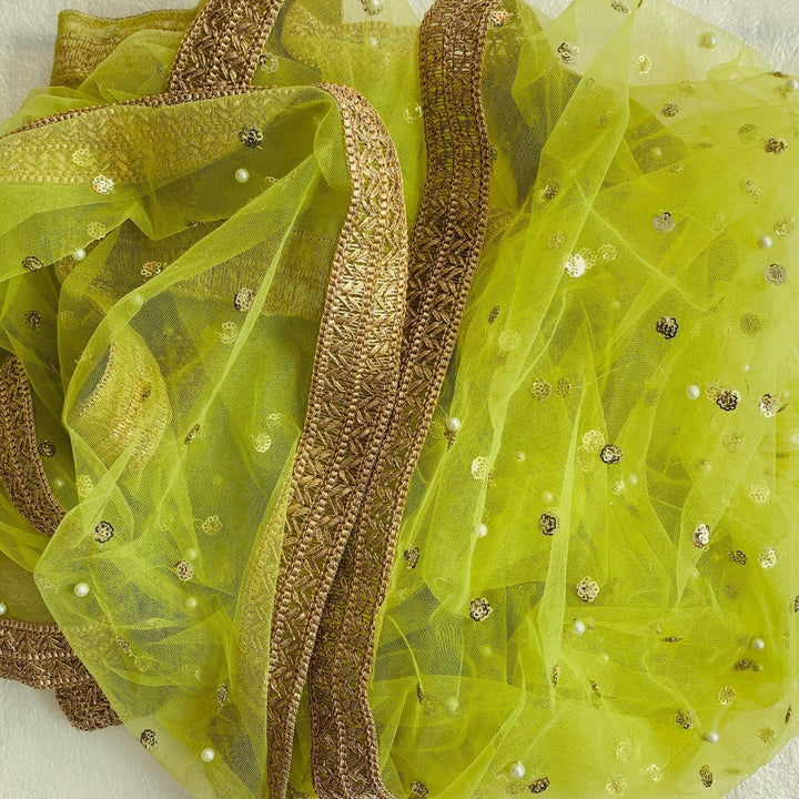anokherang Dupattas Neon Green Pearl Sequin Net Dupatta