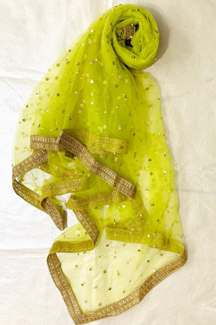 anokherang Dupattas Neon Green Pearl Sequin Net Dupatta