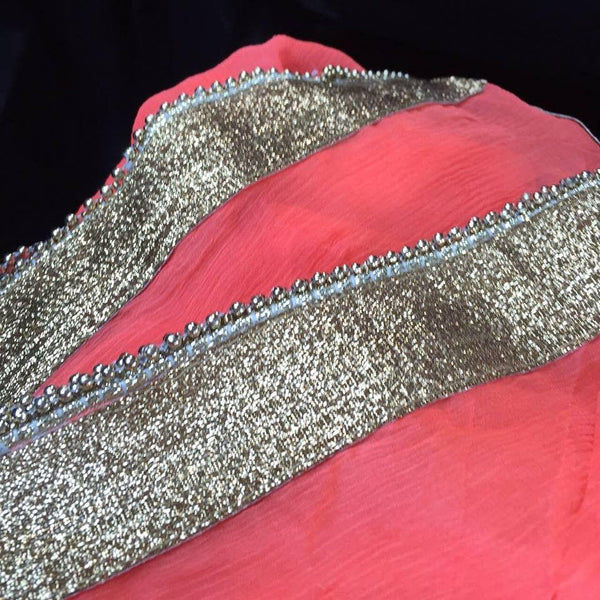 anokherang Dupattas Neon Orange Pure Chiffon Dupatta with Light Gold Zari Border