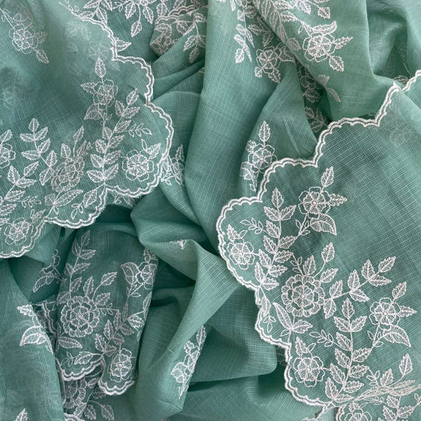 anokherang Dupattas Ocean Green Flower Chikankari Scalloped Kota Dupatta