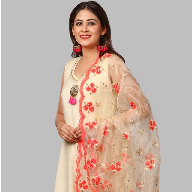 anokherang Dupattas Off-White and Hot Peach Embroidered Dupatta