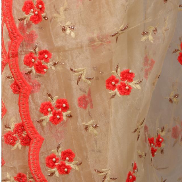 anokherang Dupattas Off-White and Hot Peach Embroidered Dupatta