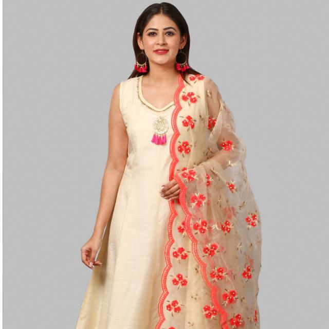 anokherang Dupattas Off-White and Hot Peach Embroidered Dupatta