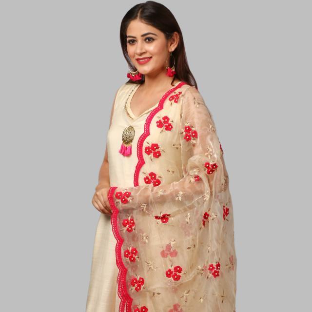 anokherang Dupattas Off-White and Hot Pink Embroidered Dupatta