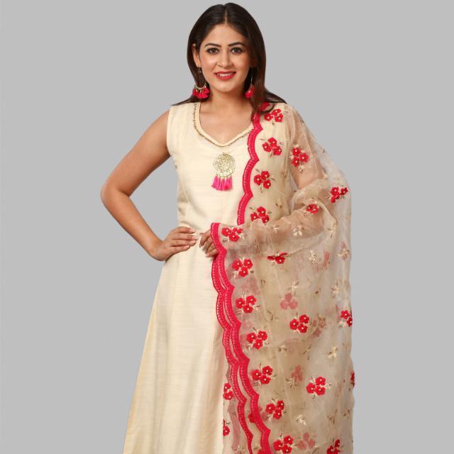 anokherang Dupattas Off-White and Hot Pink Embroidered Dupatta