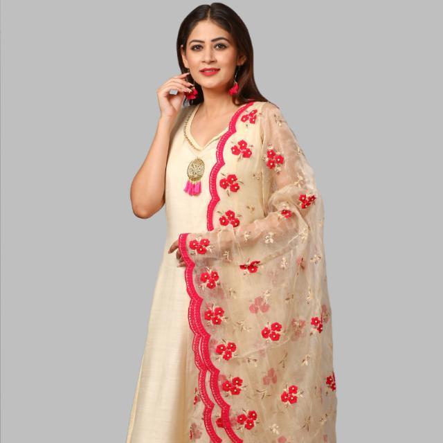 anokherang Dupattas Off-White and Hot Pink Embroidered Dupatta