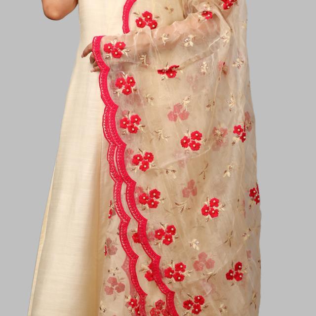 anokherang Dupattas Off-White and Hot Pink Embroidered Dupatta