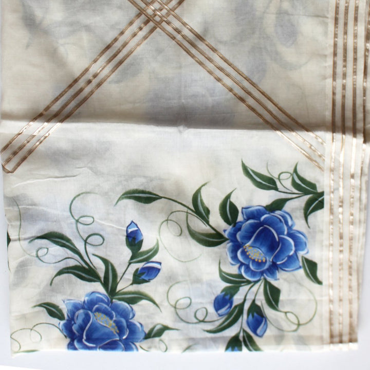 anokherang Dupattas Off-White Blue Floral Hand Painted Cotton Gotta Dupatta