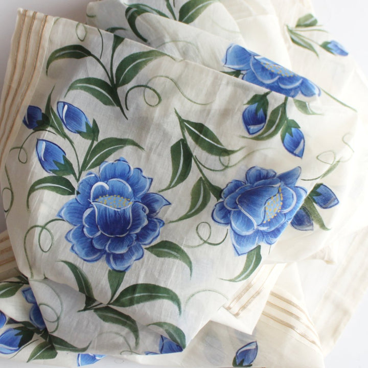 anokherang Dupattas Off-White Blue Floral Hand Painted Cotton Gotta Dupatta