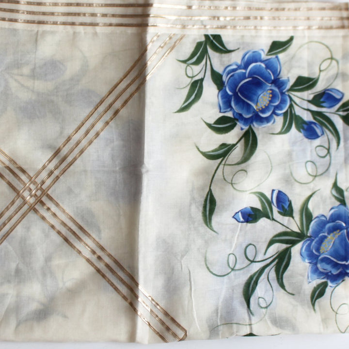 anokherang Dupattas Off-White Blue Floral Hand Painted Cotton Gotta Dupatta