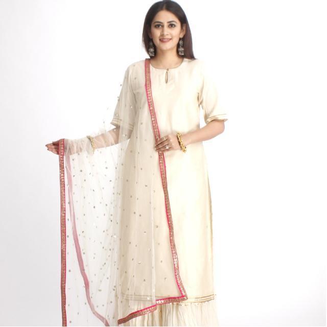 anokherang Dupattas Off-White Net Sequenced Dupatta with Hot Pink Border