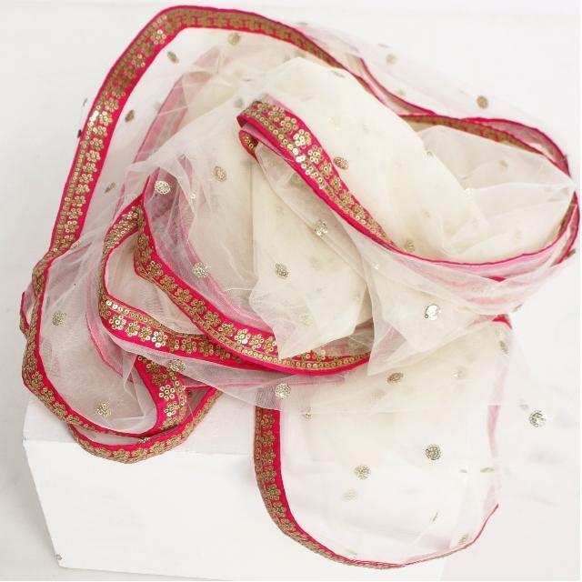 anokherang Dupattas Off-White Net Sequenced Dupatta with Hot Pink Border