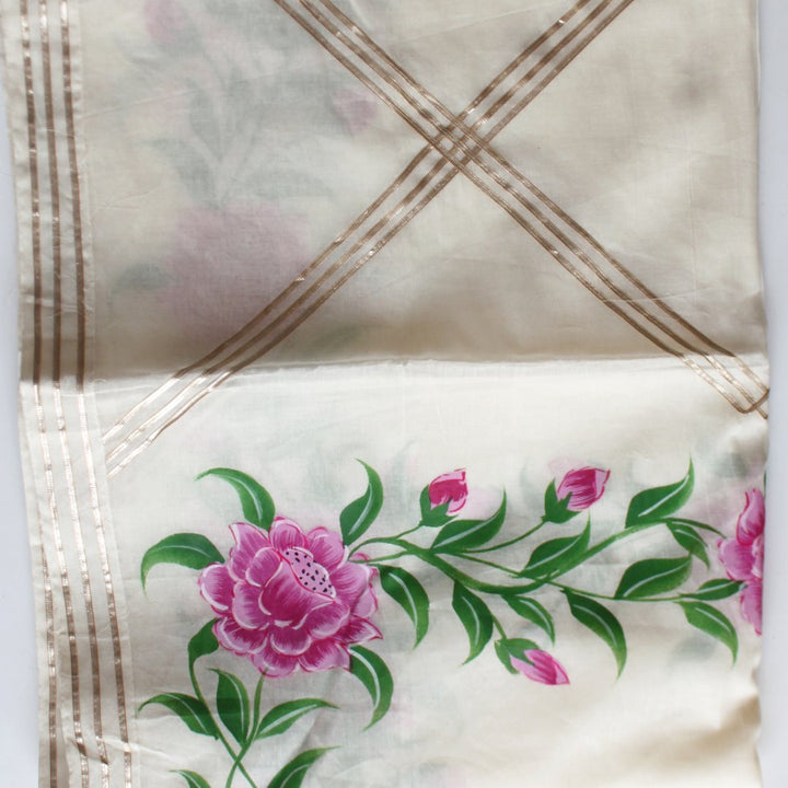 anokherang Dupattas Off-White Pink Floral Hand Painted Cotton Gotta Dupatta