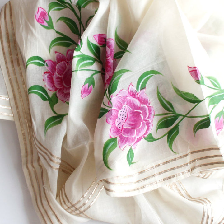 anokherang Dupattas Off-White Pink Floral Hand Painted Cotton Gotta Dupatta
