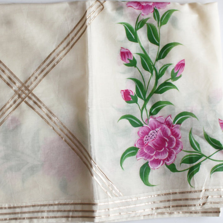 anokherang Dupattas Off-White Pink Floral Hand Painted Cotton Gotta Dupatta