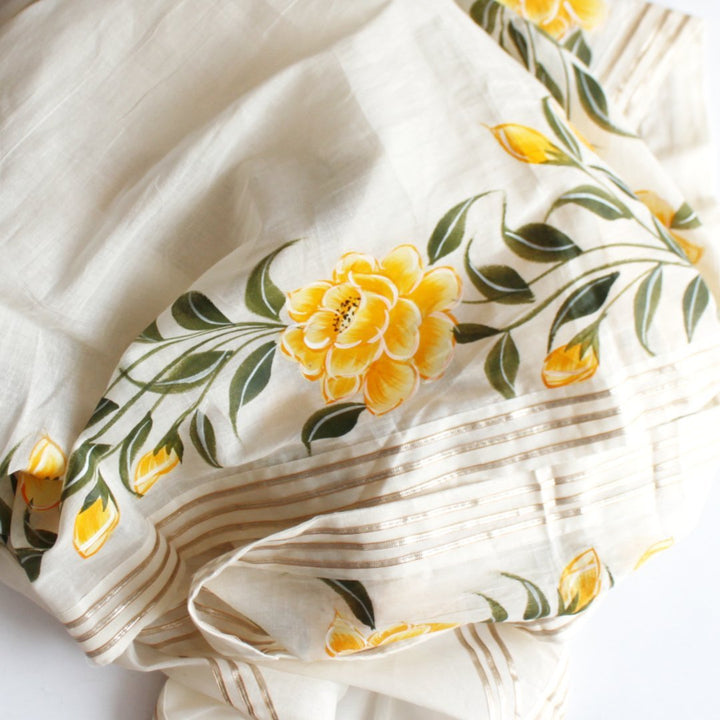 anokherang Dupattas Off-White Yellow Floral Hand Painted Cotton Gotta Dupatta