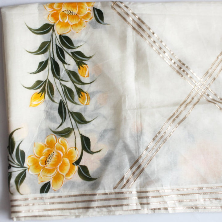 anokherang Dupattas Off-White Yellow Floral Hand Painted Cotton Gotta Dupatta