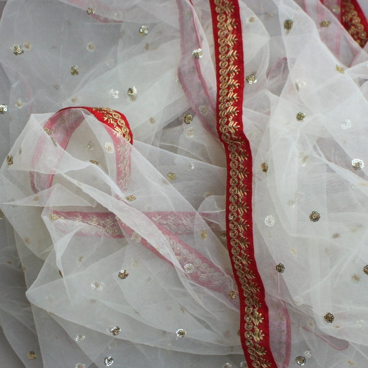 anokherang Dupattas OffWhite Sequenced Dupatta with Red Border