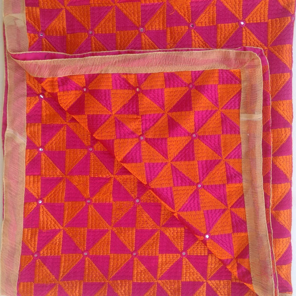anokherang Dupattas Orange Magenta Triangle Fulkari Dupatta
