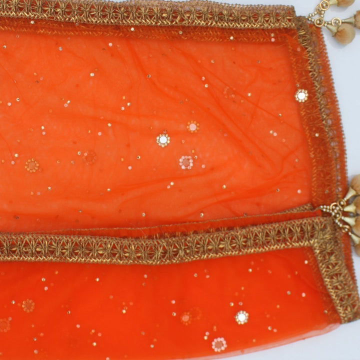 anokherang Dupattas Orange Net Gold and Mirror Dupatta
