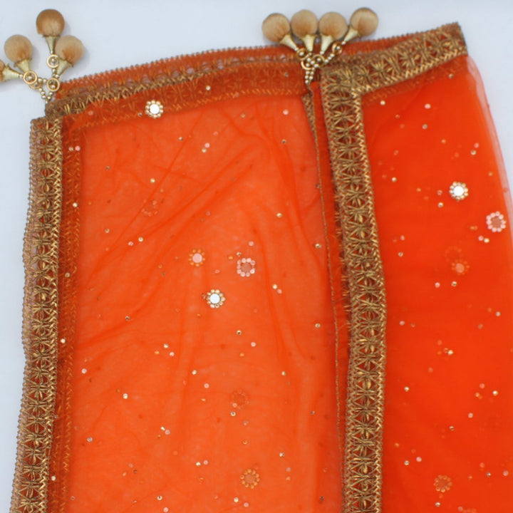 anokherang Dupattas Orange Net Gold and Mirror Dupatta