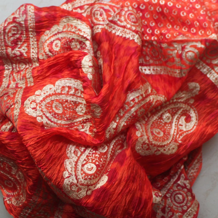 anokherang Dupattas Orange tie and dye paisley foil Dupatta