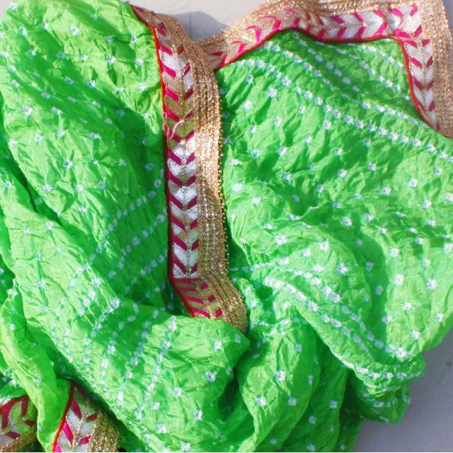anokherang Dupattas Parrot Green Bhandej Silk Dupatta