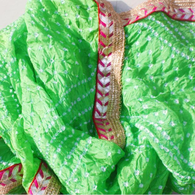 anokherang Dupattas Parrot Green Bhandej Silk Dupatta