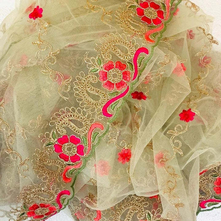 anokherang Dupattas Pastel Green Colorful Floral Embroided Net Dupatta