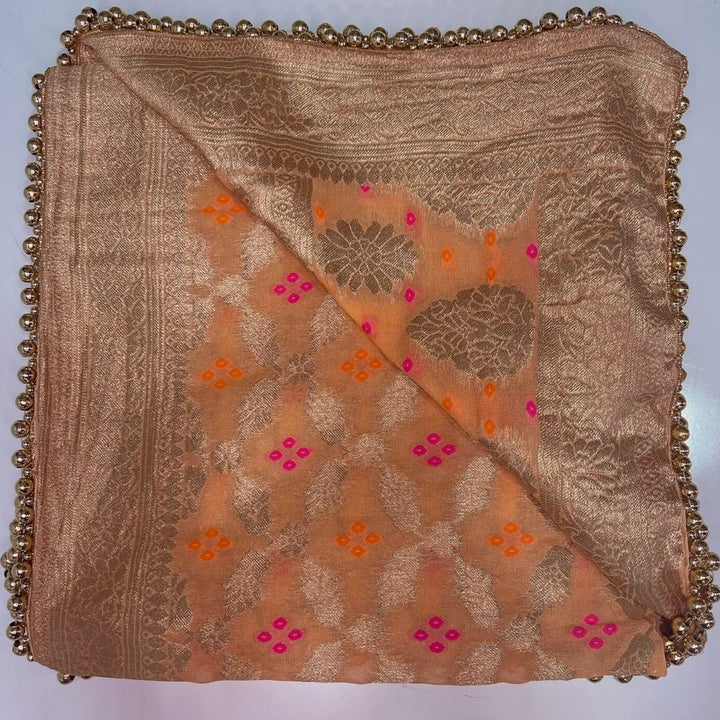anokherang Dupattas Peach Bandhej Georgette Banarsi Dupatta